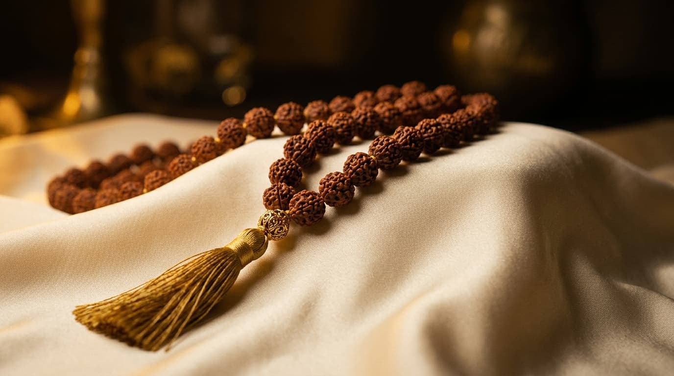 Rudraksha prayer beads on cream silk with golden light